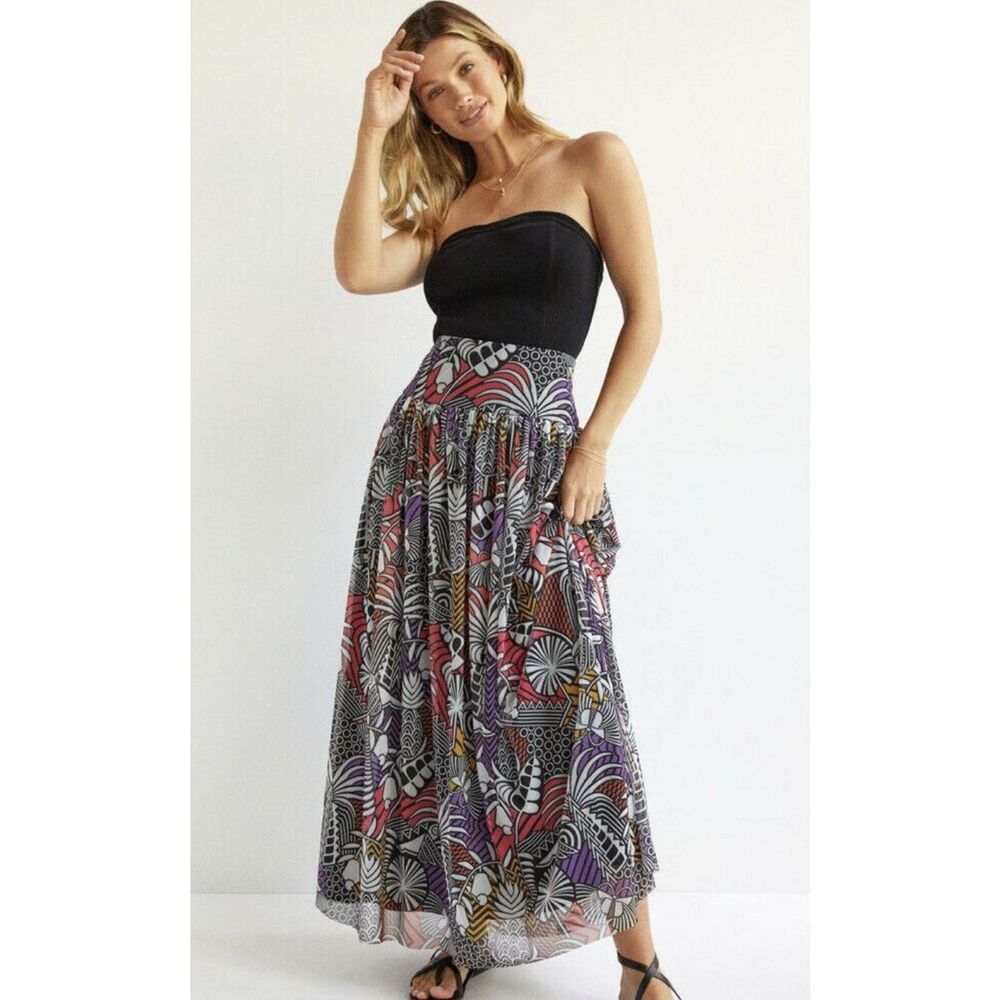 Farm Rio for Anthropologie Tropical Maxi Skirt Mesh Lined Black White Multi Smal